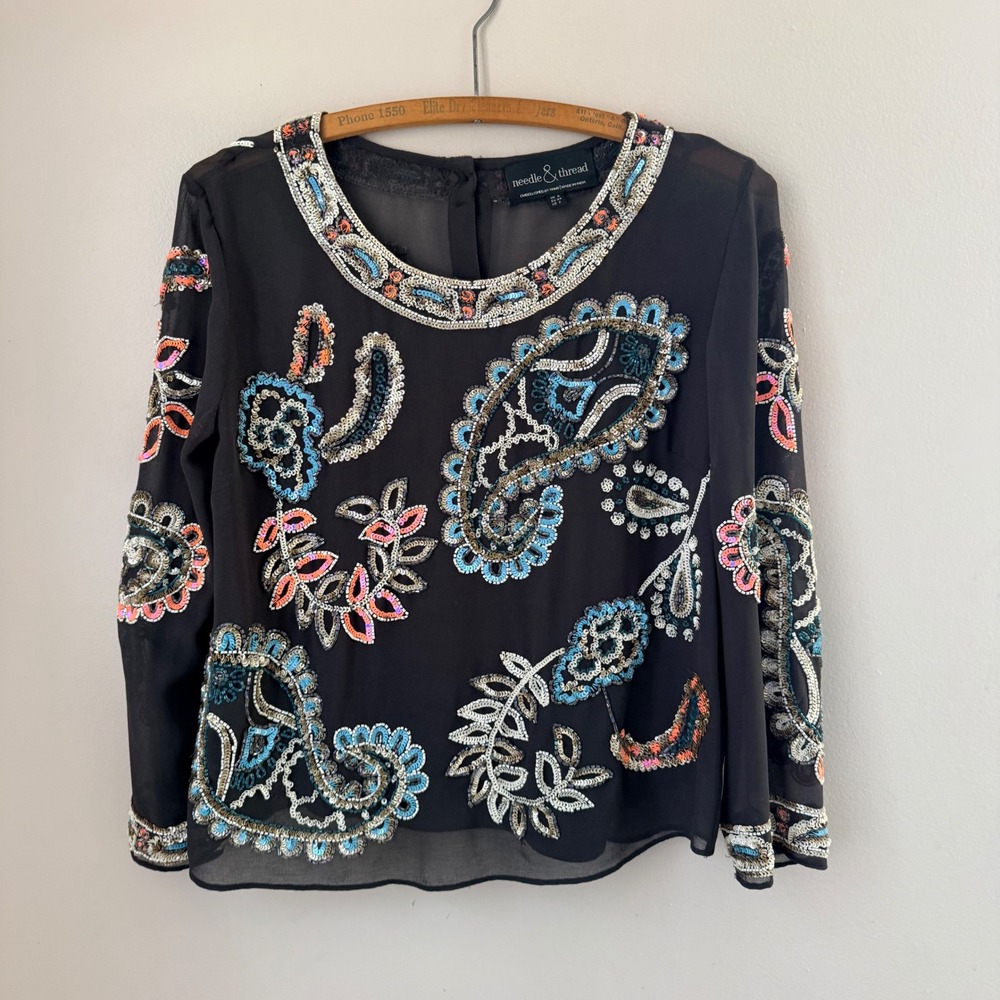 Needle&Thread Black Beaded Paisley Floral Long‎ Sleeve Blouse Top Size 2 Glam